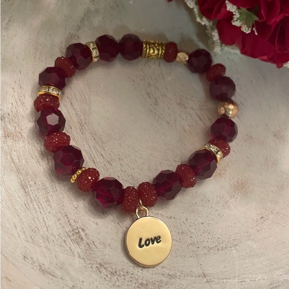 Burgundy Red Crystal Beaded Stretch Bracelet: Gold 'Love' Charm, Handmade - Picture 4 of 4